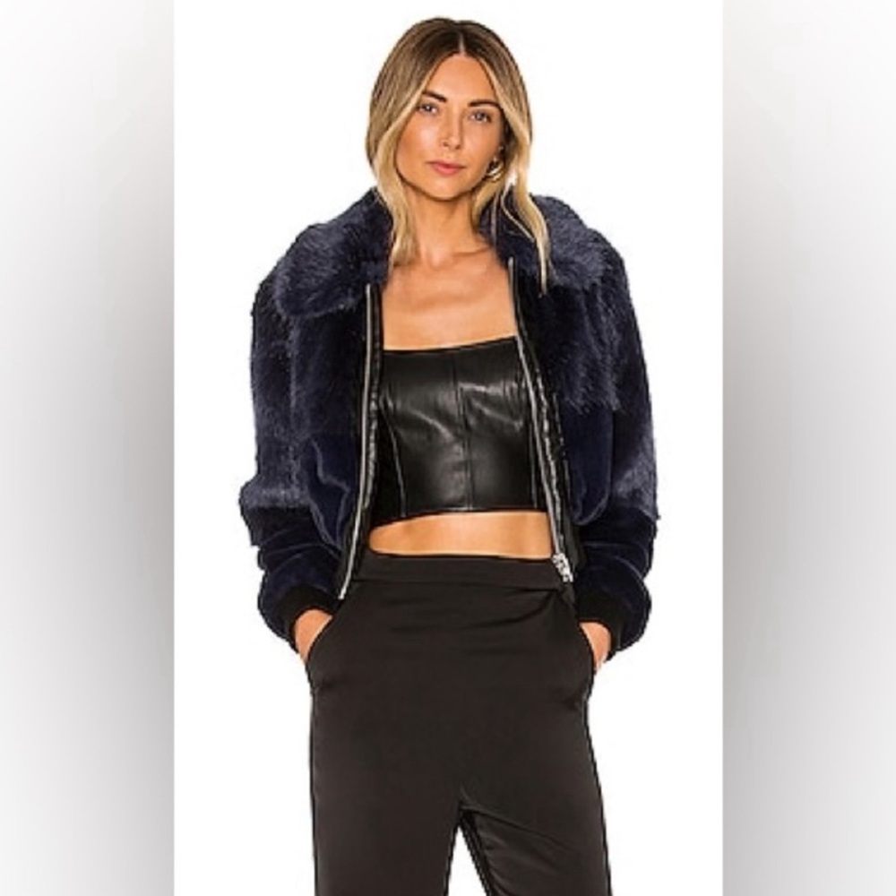 Revolve NBD Badlands Faux Fur Bomber in Navy XS